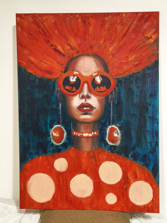 Pop Art Painting "Amanita Mushroom Girl" (50x70 cm), Canvas, Blue (photo 6 of 12)