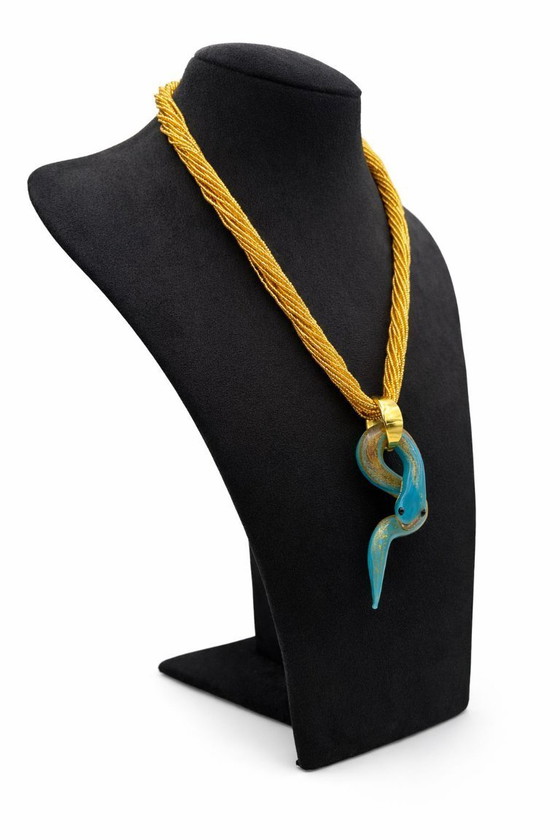 Image 1 of Murano Glass Chalcedony Snake Necklace with Gold Leaf – Venetian Handcrafted Sculpture