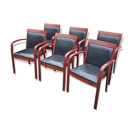 6 sedie Bridge contemporanee in mogano e pelle nera – eetkamerstoelen, Leather, Wood