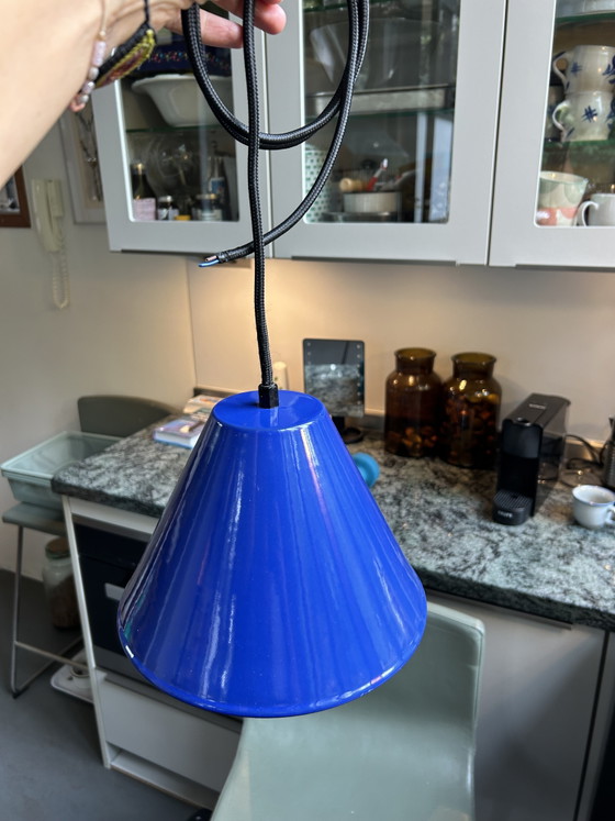 Vintage Blue Metal/Enamel Pendant Lamp – Textile (photo 3 of 5)