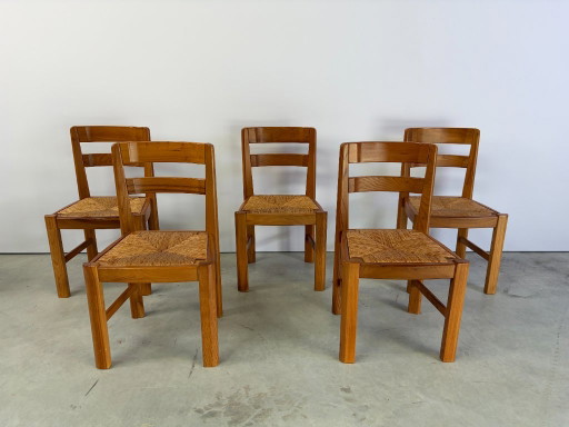 Vintage Brutalistische Eetkamerstoelen van Eiken en Rotan, Jaren 60