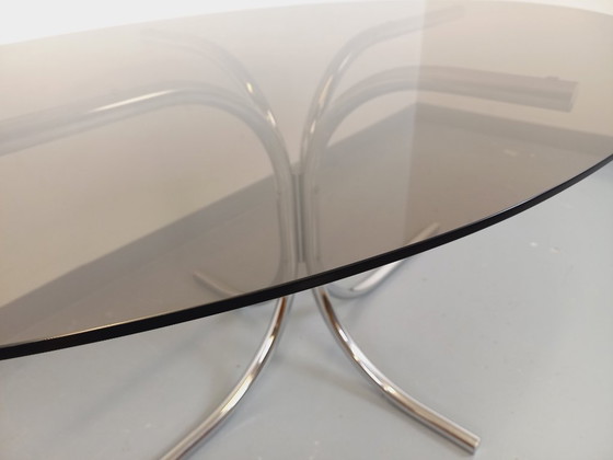 Image 1 of Vintage oval dining table in smoked glass and chrome metal, Space Age style, from the 70s