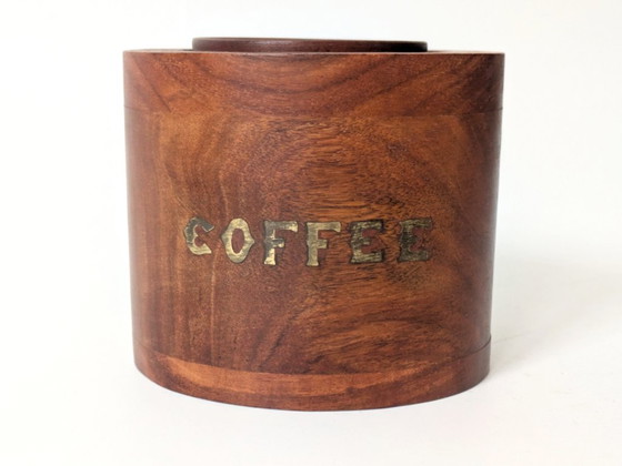 Image 1 of Midcentury Teak Coffee Canister with Brass Inlay Letters, Danish Modern Wooden Storage Jar