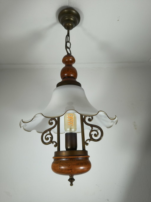 Lámpara colgante vintage con pantalla de cristal opalino, años 70/80.