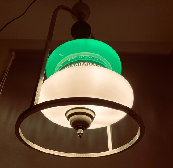Image 1 of Portuguese Mid Century Modern Green Opaline Milk Glass Chandelier for High Ceilings, 1940s-50s