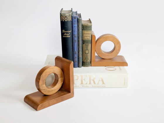 Image 1 of Midcentury Wooden Bookends Pair, Bauhaus Art Deco Style Hoop Design, Sculptural Shelf Decor