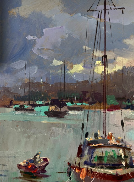 Image 1 of Original Oil Painting Coastal City Landscape A ship preparing to set sail