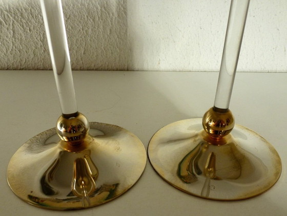 Image 1 of 2x Vintage Candlesticks lucite (plexiglass) with brass by or in the style of Estrid Maria Ericson.