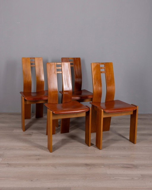 Ensemble de 4 chaises vintage des années 1950 en bois et cuir, design italien