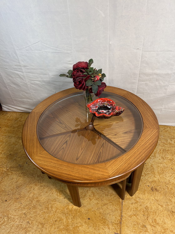 Image 1 of Mid-Century Retro Vintage Teak Round Coffee Table with 3 Nesting Side Tables by G Plan – 1960 Elegant Design | Functional Versa