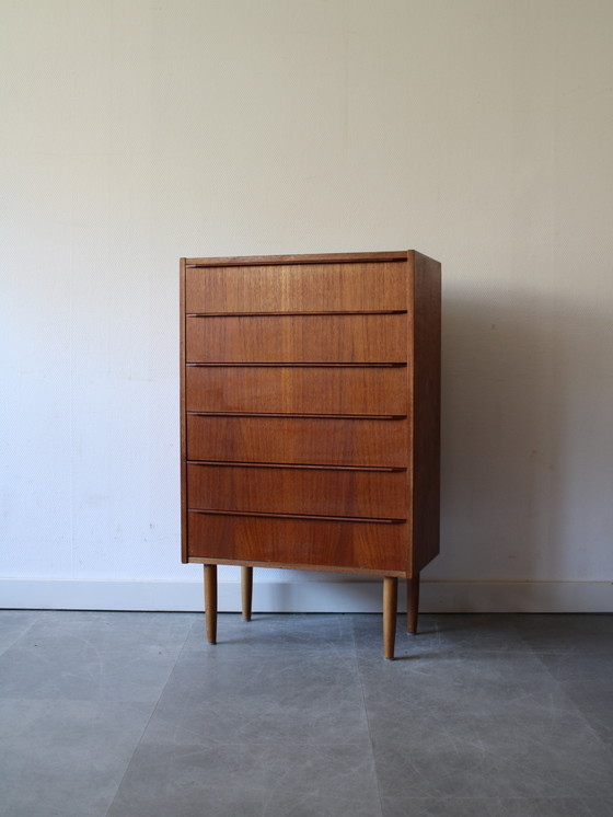 Image 1 of Vintage Danish narrow chest of drawers in teak