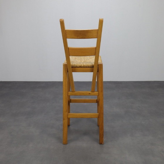 Image 1 of Set of 4 Bar Stools in Solid Oak and Rattan, 1970s