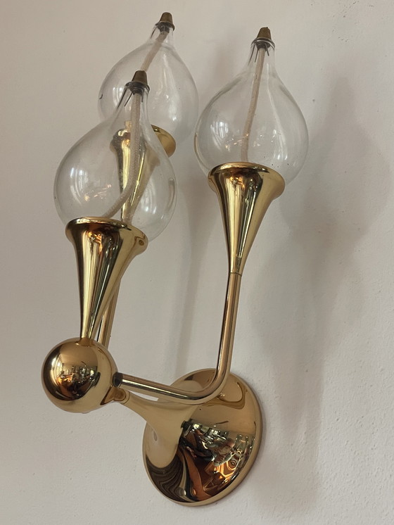 Image 1 of Brass oil lamp by Freddie Andersen Germany, 1970, "Clear Drops" 3 candles