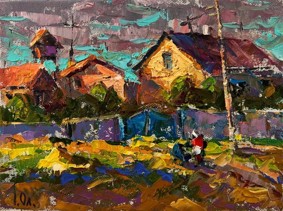 Image 1 of Original Oil Painting Rural Life Landscape On a Village Street