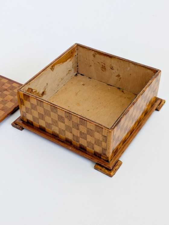 Image 1 of Midcentury Handmade Wooden Trinket Box, Dog Figurine Lid Checkered Pattern, Quirky Decor