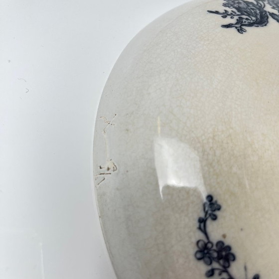 Image 1 of Kompottschale aus Pexonne-Eisenerde, blaues Vogelmotiv, Ende 19.