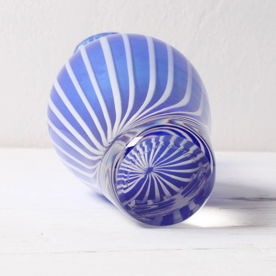 Image 1 of Mid-Century Orrefors Art Glass Vase: Blue & White Stripes, Jan Johansson, Sweden