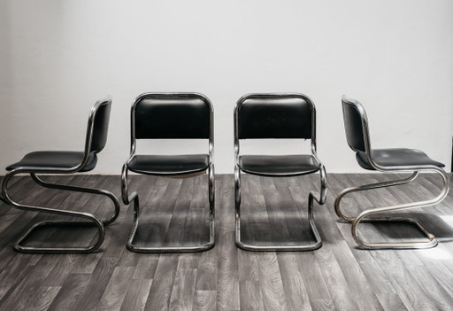 Set of 4 Chromed Steel Cantilever Chairs, 1980s Vintage Modern Design