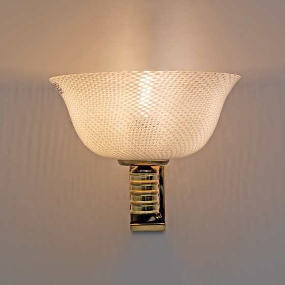 Image 1 of Sconcese in ottone e vetro di Murano "Reticello" di Carlo Scarpa per Venini, coppia