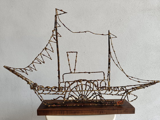 Image 1 of Signed Marcello Fantoni Brutalist Metal Steamboat Sculpture, Italy 1960s