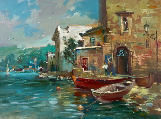 Image 1 of Peinture à l'huile originale représentant un paysage urbain, fluvial et une jetée aux couleurs du soir