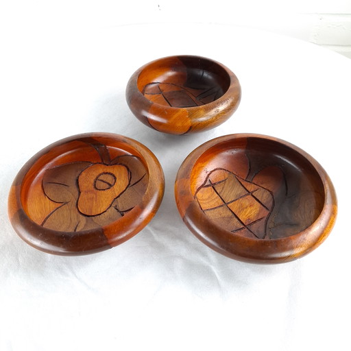 3 Vintage Wooden Bowls Wood Carving 1970s