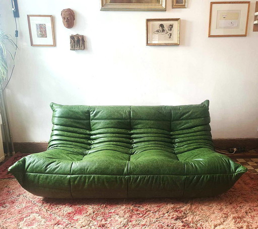 Togo Ligne Roset, siège trois places en cuir vert