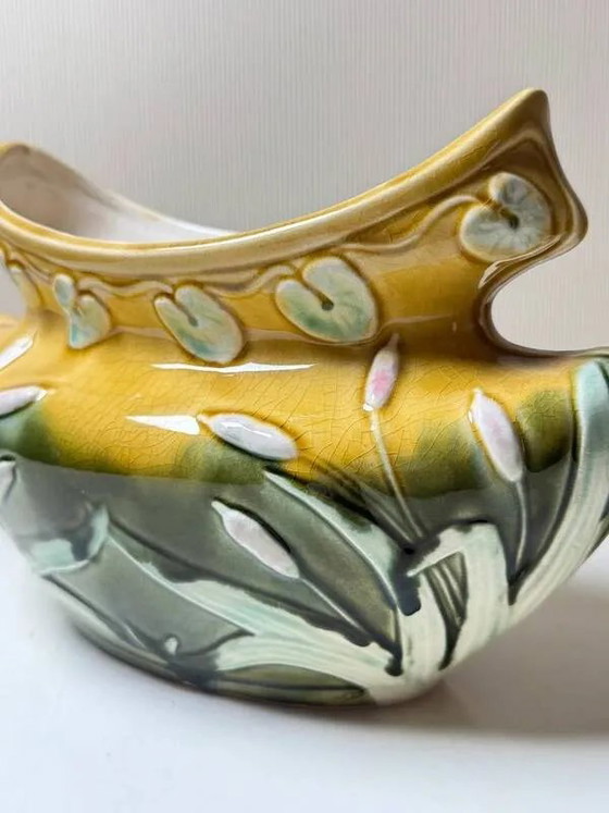 Vaso Barbotine Art Nouveau Antico, Firmato Orchies (c. 1900), Vasi per piante, Porcellana, Giallo (foto 5 di 6)