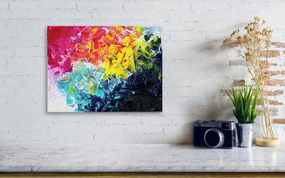 Image 1 of Acrylic painting on canvas in blue, pink, and yellow.