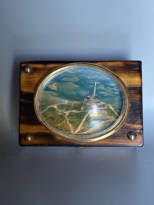Caja de recuerdo de madera flameada, cabujón panorámico de Puy de Dôme – decoratieve objecten, Wood, Metal