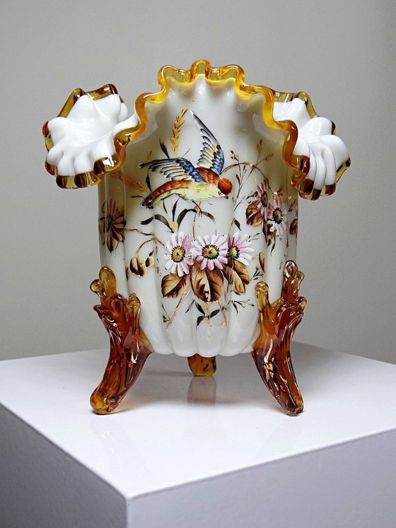 Image 1 of Antique tripod vase, opaline glass, glazed, 19th-20th century, Victorian style