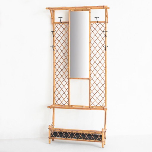 Vintage Hall Coat Rack With Mirror. Cane And Metal. France, 1960s – kapstokken, Rattan (photo 2 of 10)