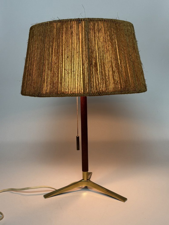 Image 1 of Mid-Century French Design Brass Table Lamp with Papercord Shade, Attributed to Audoux-Minet, 1960s