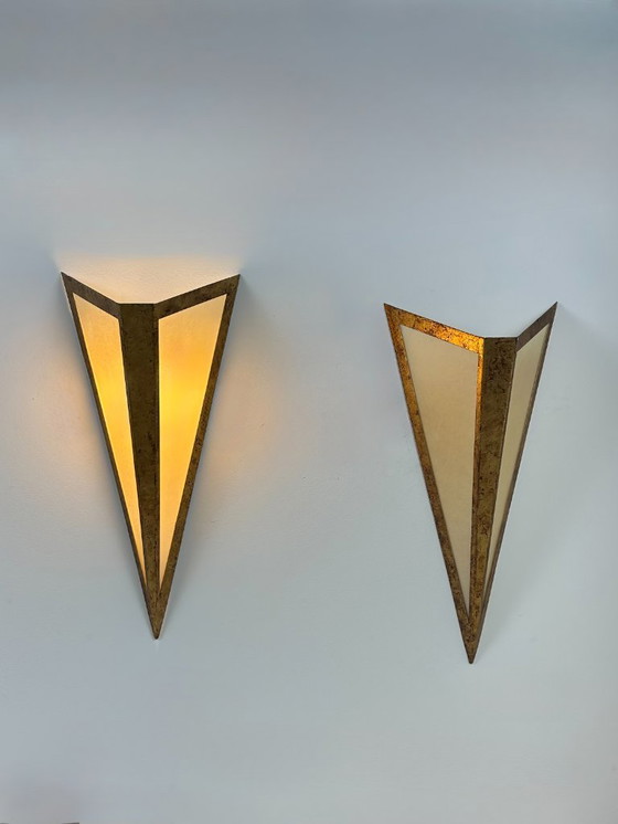 Image 1 of Paire d'appliques XL en métal doré et parchemin, France, 1970