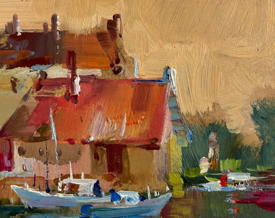 Image 1 of Origineel olieverfschilderij: Avondstadslandschap, zonsondergang met gloed over de daken.