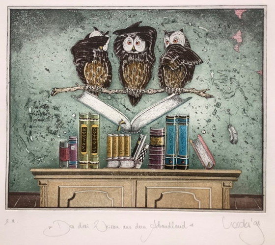 Image 1 of Colored etching in a beautiful frame. Hear, see, and be silent.