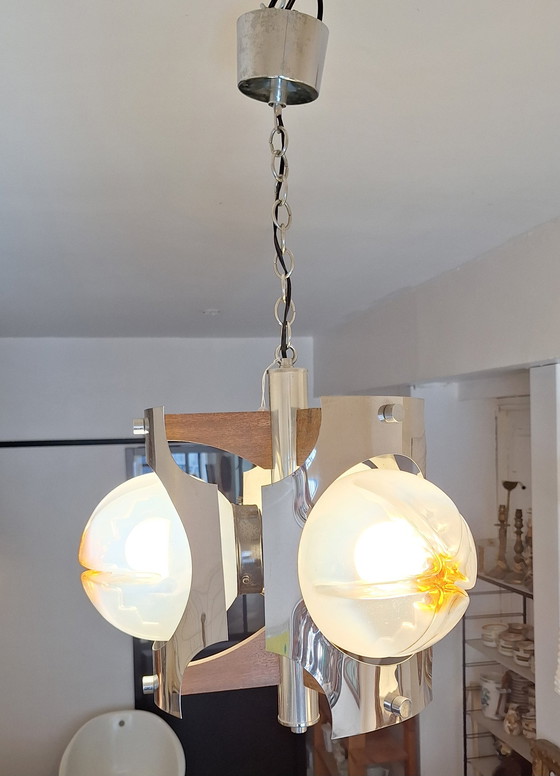 Image 1 of Lampada a sospensione in metallo e 3 globi in vetro di Murano