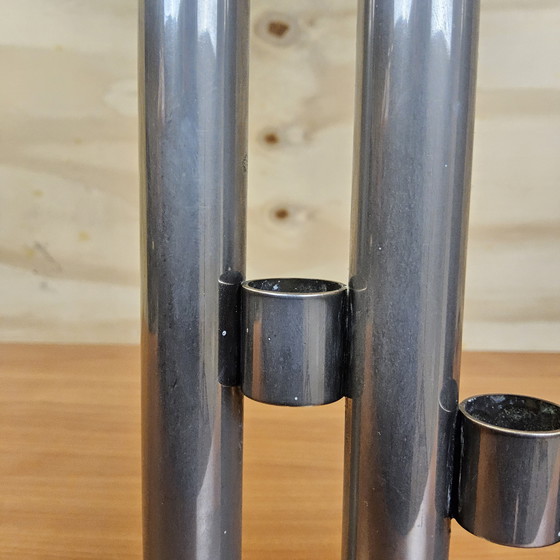 Image 1 of Vase/bougie moderniste en acier inoxydable, style vintage/ère spatiale, design italien (années 70), pour fleurs séchées.