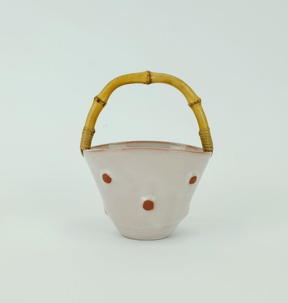 Image 1 of small 1950s basket-shaped VASE with bamboo handle small plant pot