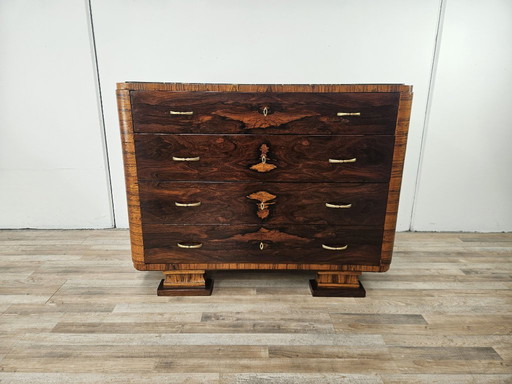 Art Decò chest of drawers in mahogany feather with marble top