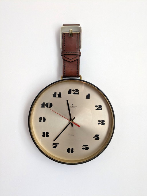 Junghans ATO-MAT clock, brass, leather frame, 1960s design