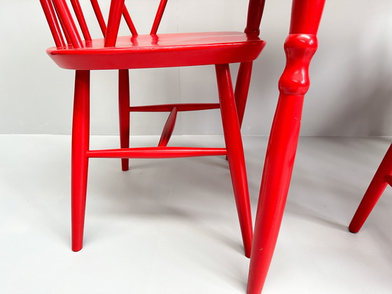 Image 1 of Vintage Set Of 3 Mid-Century Red Lacquered Chairs With Table 