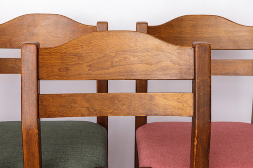 Set of 5 Vintage Dining Chairs, 1960s–1970s | Colorful Upholstered Mid-Century Chairs in Stained Beech Wood, 6 Available