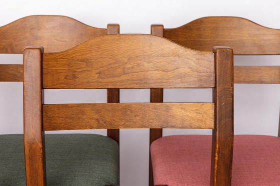 Image 1 of Set van 5 vintage eetkamerstoelen, jaren 60-70 | Kleurrijke gestoffeerde stoelen uit het midden van de vorige eeuw in gebeitst b