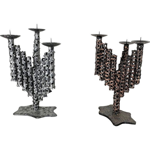 Pair of vintage brutalist metal candlesticks, France 1970s