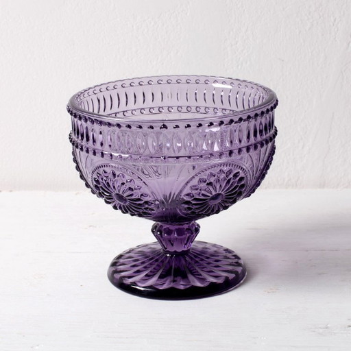 Ciotola con piedistallo in vetro pressato color ametista viola Godinger – Vintage USA anni 2000