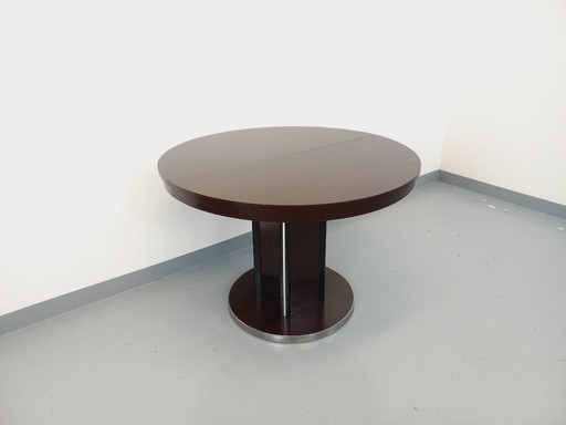 Table ronde de repas vintage en bois d’ébène et métal chromé style Space Age / Diner des années 70 avec rallonge intégrée