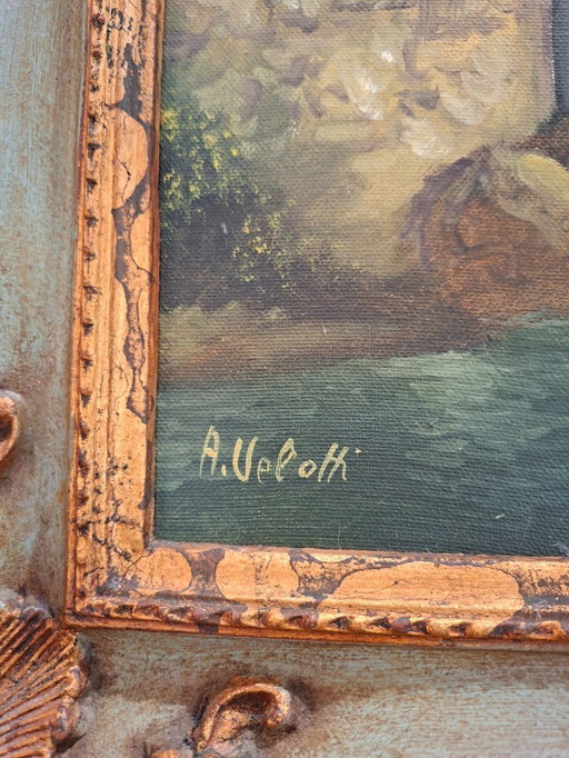 Splendido Dipinto Olio su Tela Paesaggio Arcadico di A. Velotti