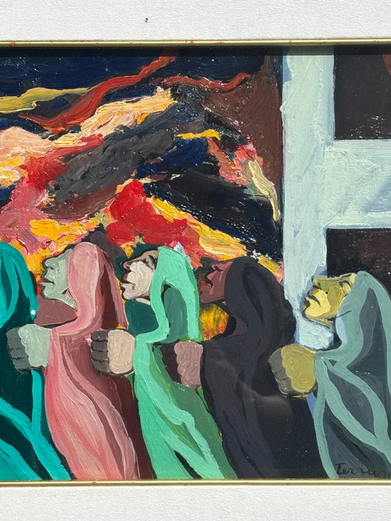 Ölgemälde auf Holzplatte „Die Prozession“ von Saverio Terruso, 1970er Jahre – Gemälde & Zeichnungen (photo 4 of 10)
