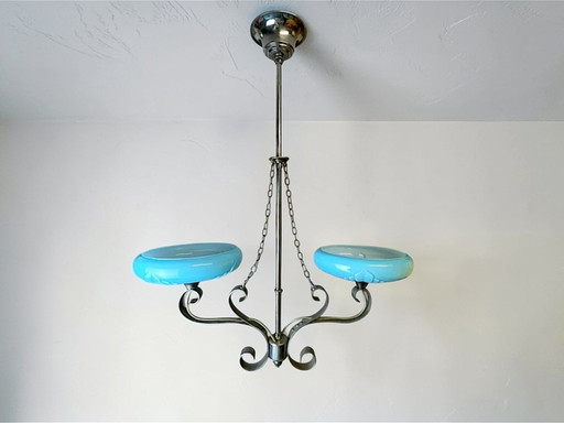 Grand lustre Art déco avec éclairage indirect et abat-jour en verre opalin bleu